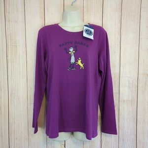 Life is Good Womens Happy Dance Long Sleeve Purple Crusher Tee Dog NWT Med.